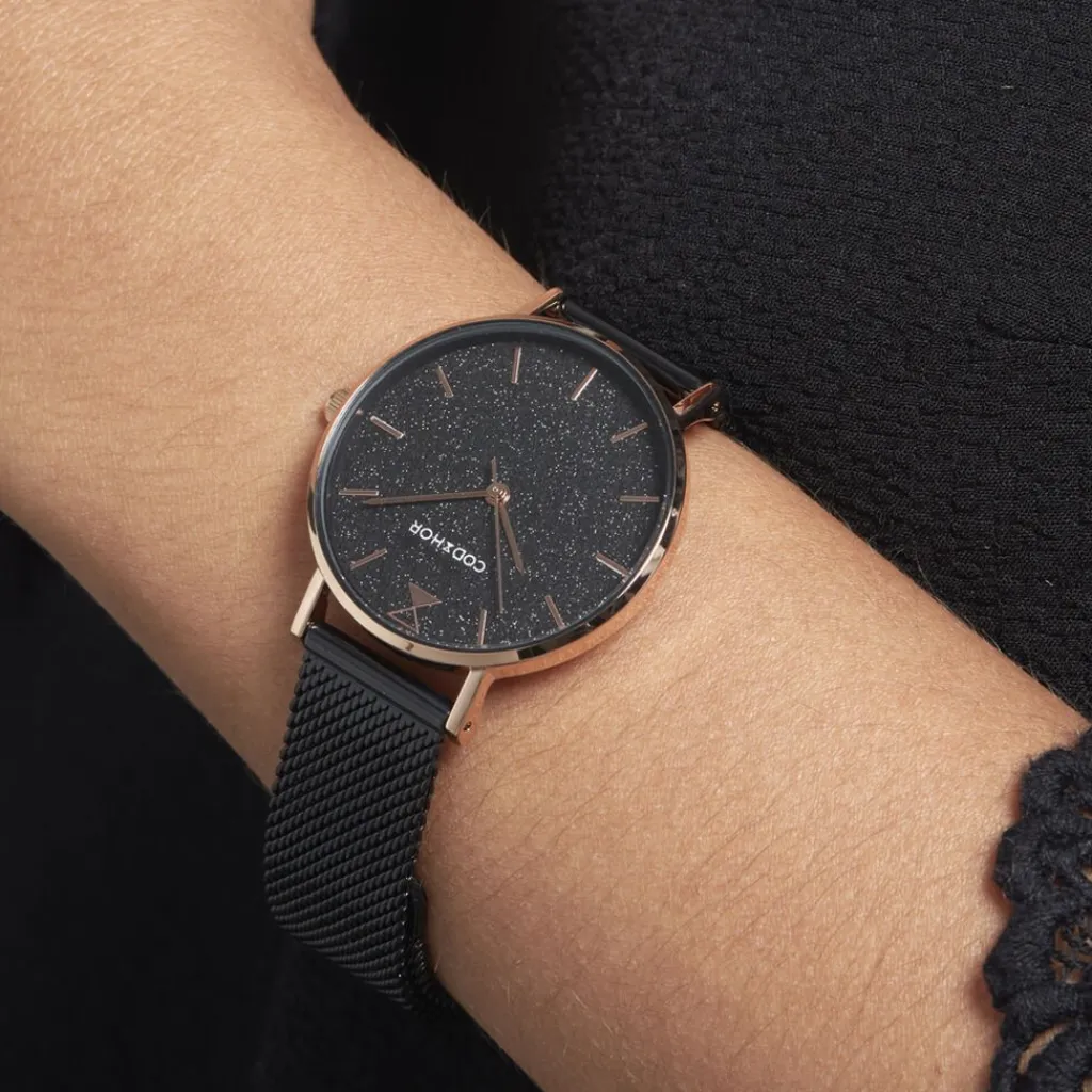 CODHOR Montre Cindy Noir cadran doré rose fond noir bracelet acier noir New