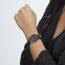 CODHOR Montre Cindy Noir cadran doré rose fond noir bracelet acier noir New