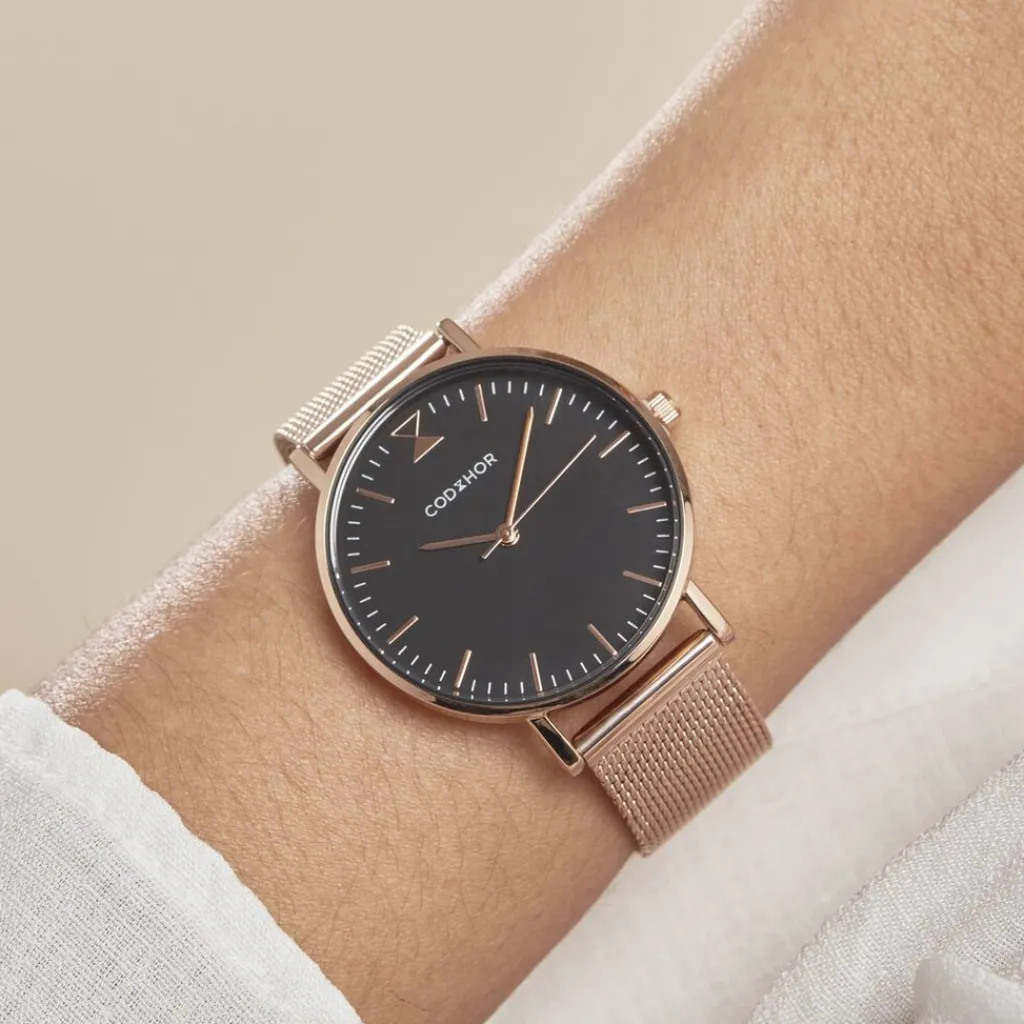 CODHOR Montre Cindy Noir cadran doré rose fond noir bracelet acier doré Outlet