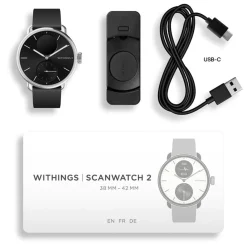 WITHINGS Montre Connectée Scanwatch 2 cadran argenté bracelet silicone noir Outlet