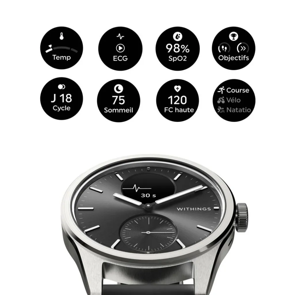 WITHINGS Montre Connectée Scanwatch 2 cadran argenté bracelet silicone noir Discount