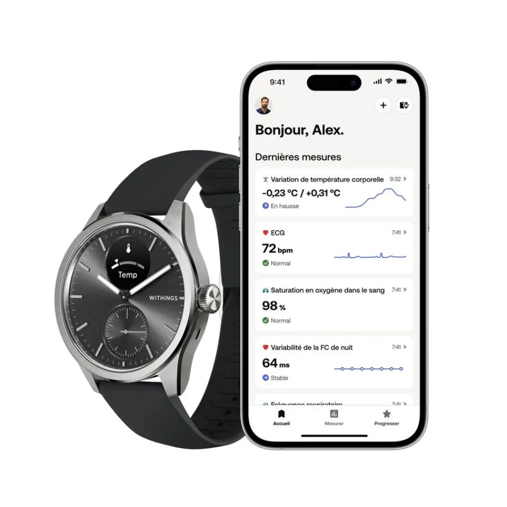 WITHINGS Montre Connectée Scanwatch 2 cadran argenté bracelet silicone noir Discount