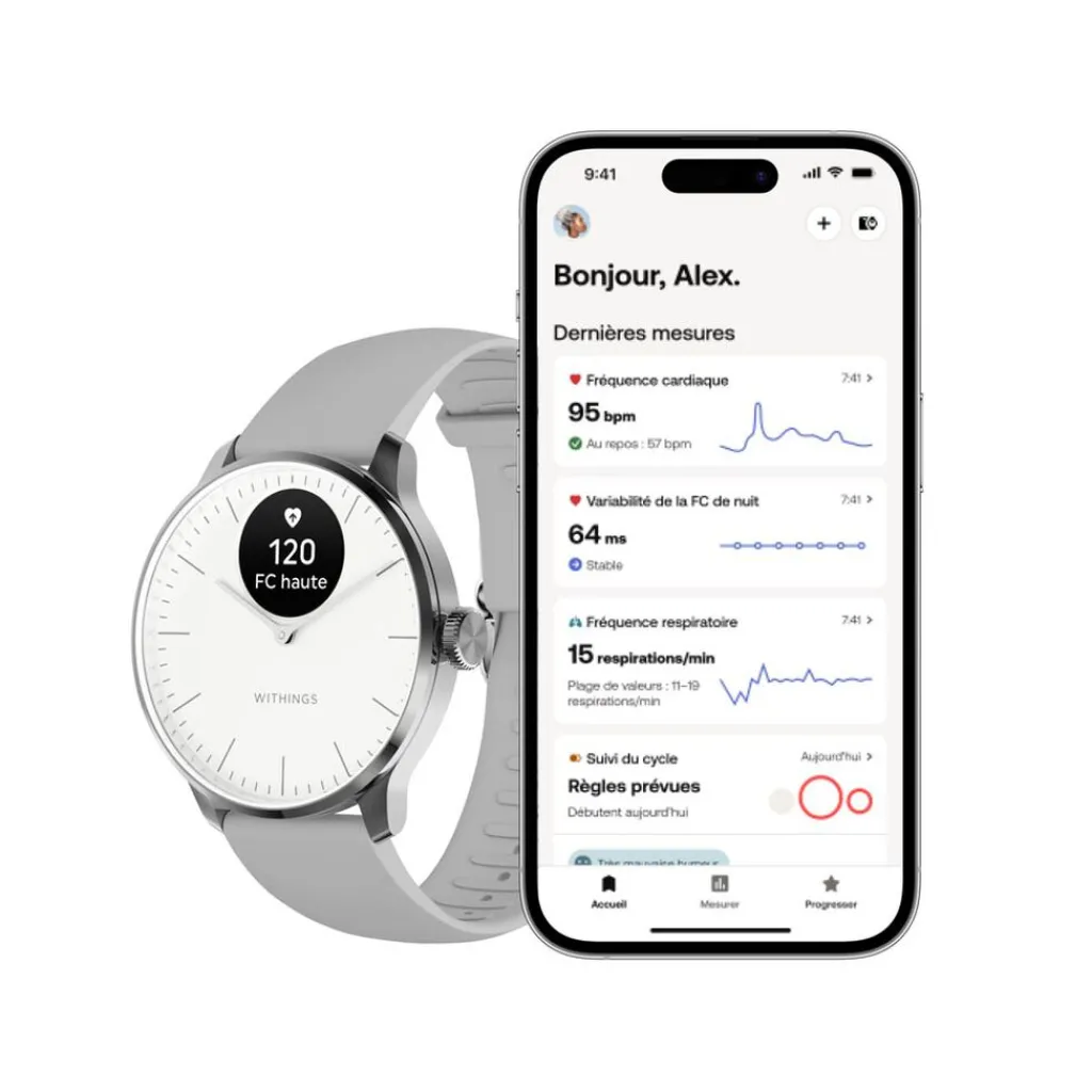 WITHINGS Montre Connectée Scanwatch Light cadran argenté bracelet silicone gris Discount