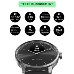 WITHINGS Montre Connectée Scanwatch Light cadran argenté bracelet silicone noir Outlet