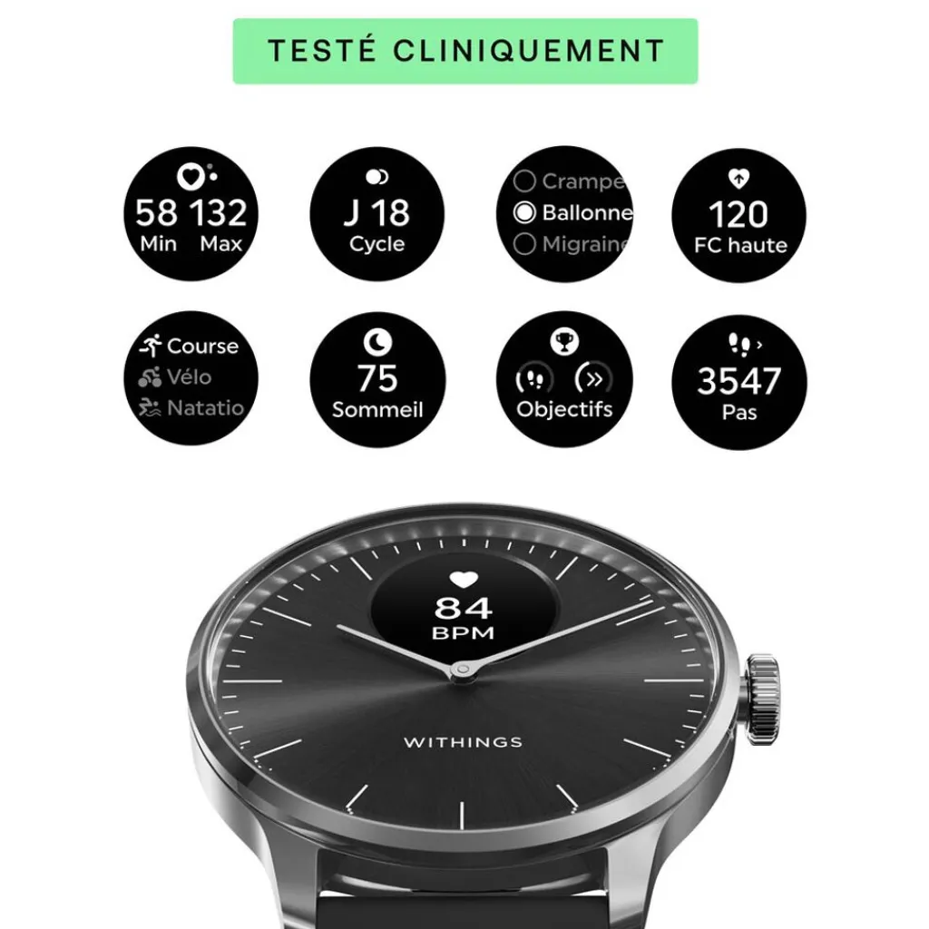WITHINGS Montre Connectée Scanwatch Light cadran argenté bracelet silicone noir Outlet