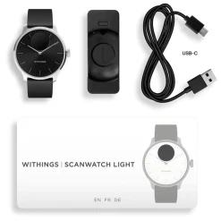 WITHINGS Montre Connectée Scanwatch Light cadran argenté bracelet silicone noir Outlet