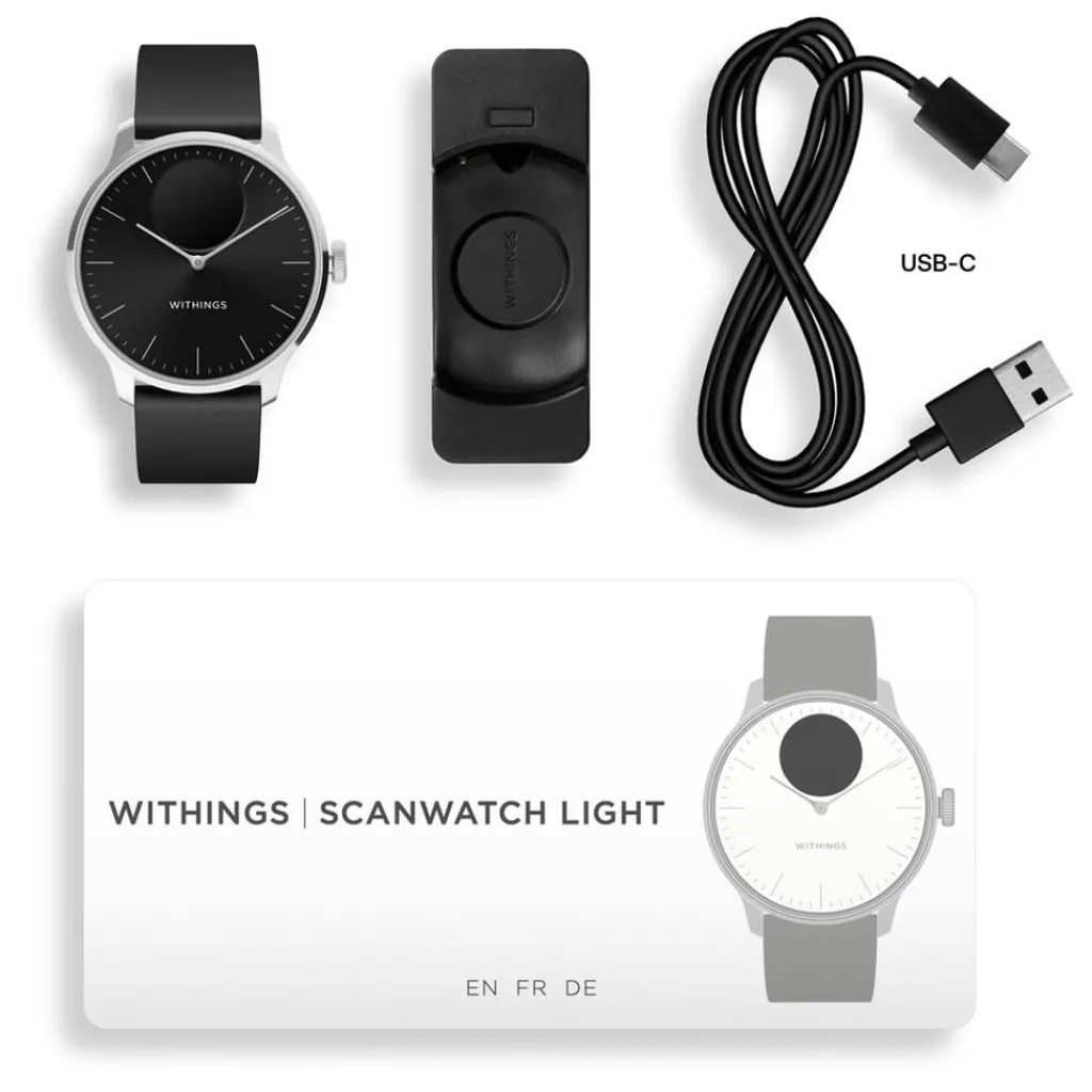 WITHINGS Montre Connectée Scanwatch Light cadran argenté bracelet silicone noir Outlet