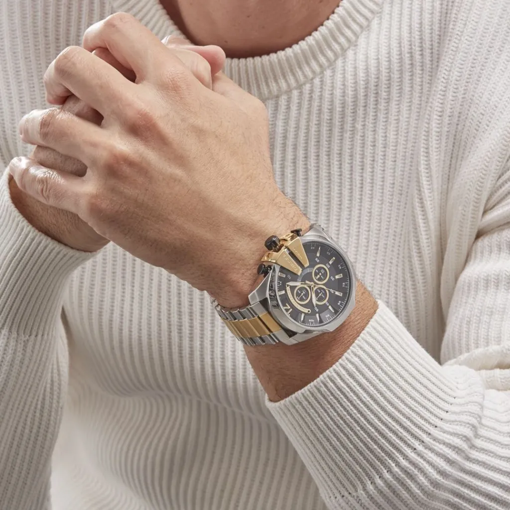 DIESEL Montre Mega Chief Noir cadran tricolore fond noir bracelet acier bicolore Hot