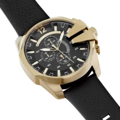 DIESEL Montre Mega Chief Noir cadran doré fond noir bracelet cuir noir Discount