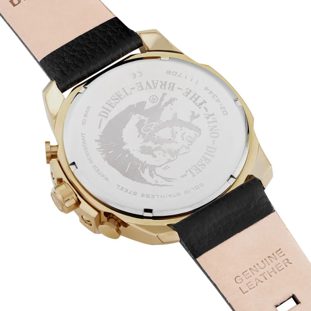 DIESEL Montre Mega Chief Noir cadran doré fond noir bracelet cuir noir Discount