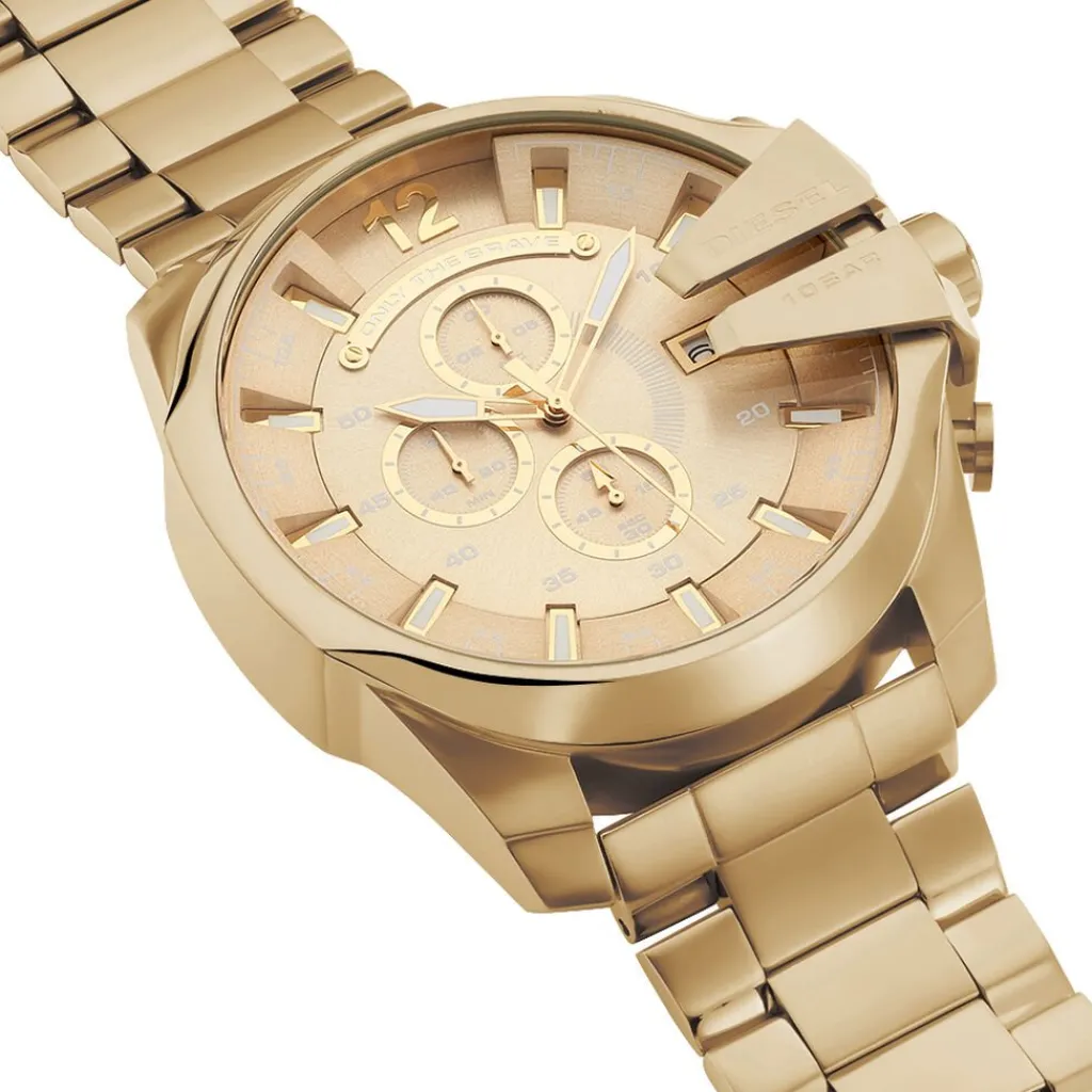 DIESEL Montre Mega Chief Champagne cadran doré fond doré bracelet acier doré New