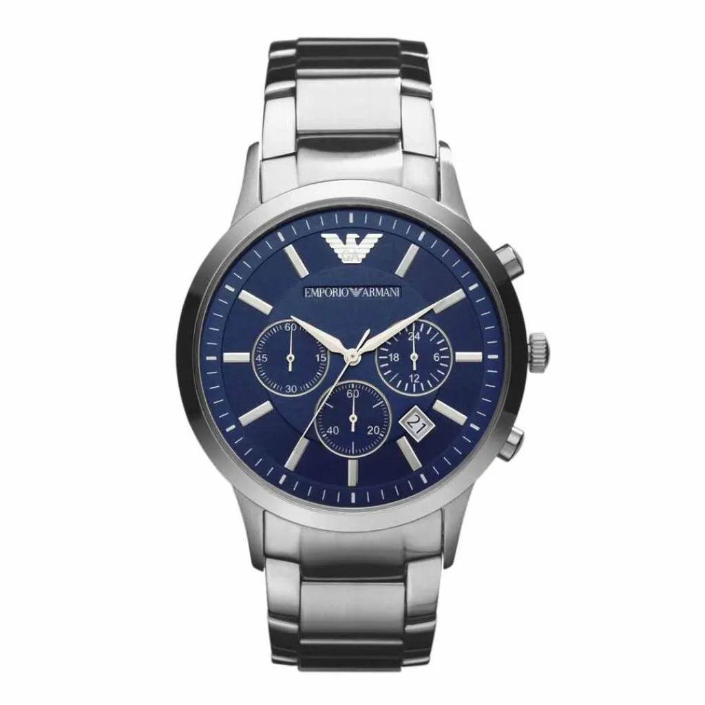 EMPORIO ARMANI Montre Bleu cadran argenté fond bleu bracelet acier argenté Online