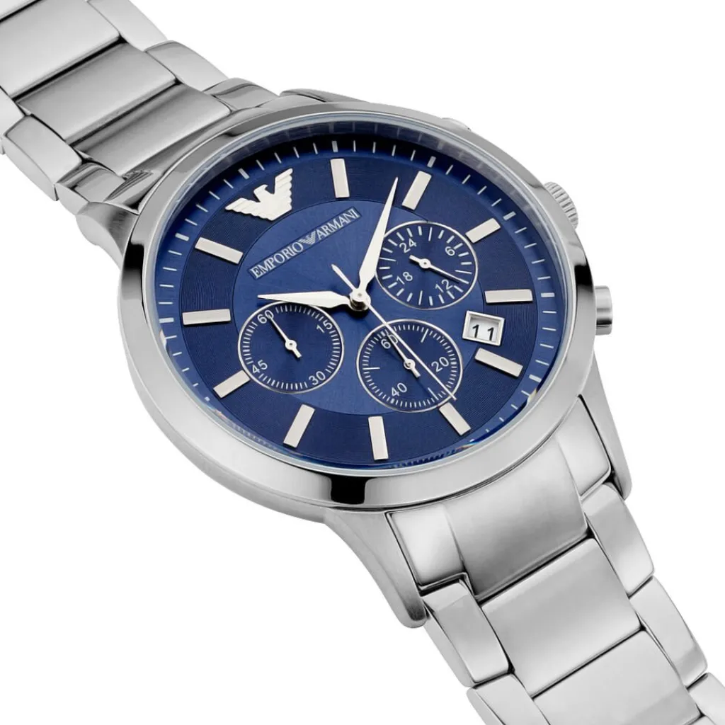 EMPORIO ARMANI Montre Bleu cadran argenté fond bleu bracelet acier argenté Online