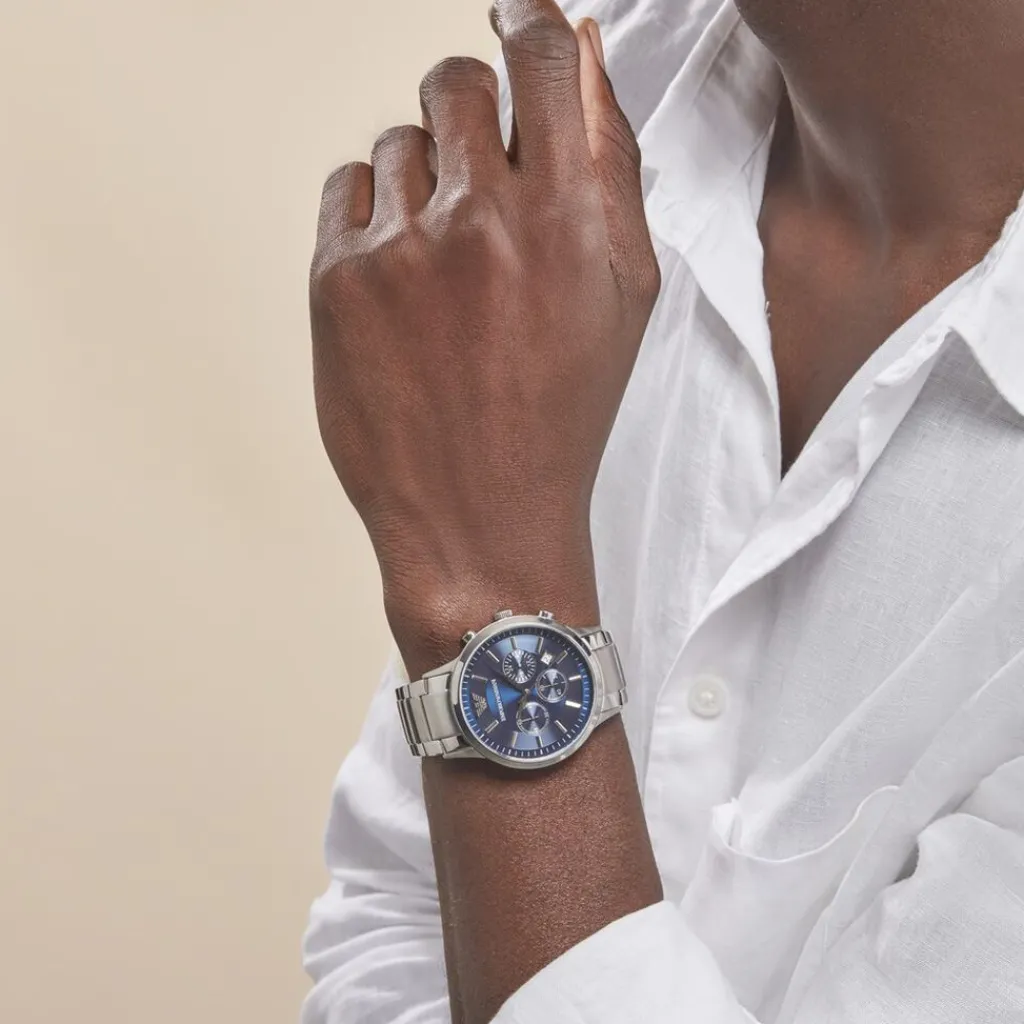 EMPORIO ARMANI Montre Bleu cadran argenté fond bleu bracelet acier argenté Online