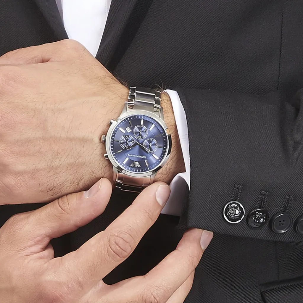 EMPORIO ARMANI Montre Bleu cadran argenté fond bleu bracelet acier argenté Online