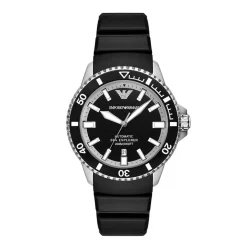 EMPORIO ARMANI Montre Noir cadran argenté fond noir bracelet silicone noir Clearance