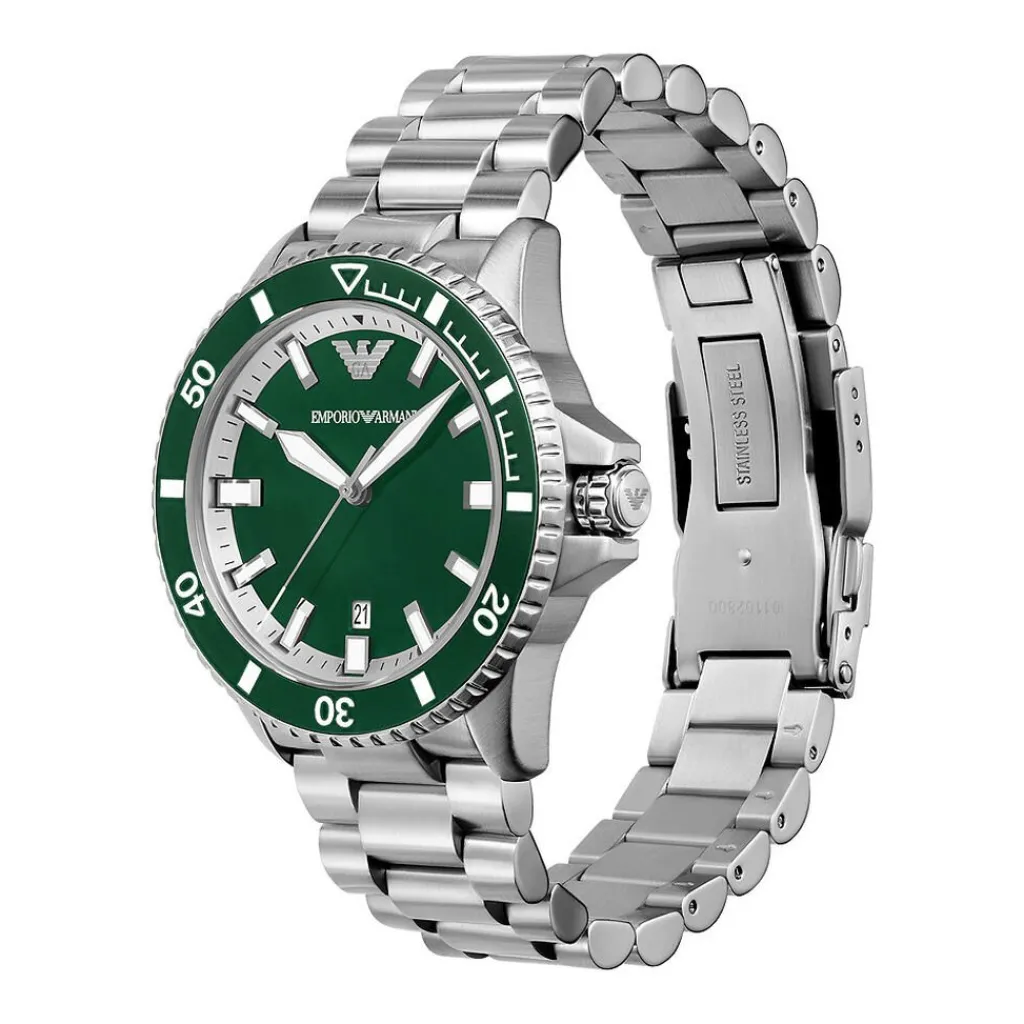 EMPORIO ARMANI Montre Vert cadran argenté fond vert bracelet acier argenté New
