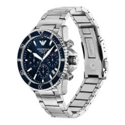 EMPORIO ARMANI Montre World Explorer Bleu cadran argenté fond bleu bracelet acier argenté Hot