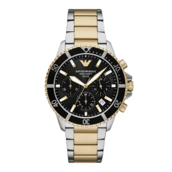 EMPORIO ARMANI Montre World Explorer Noir cadran bicolore doré / blanc fond noir bracelet acier bicolore Sale