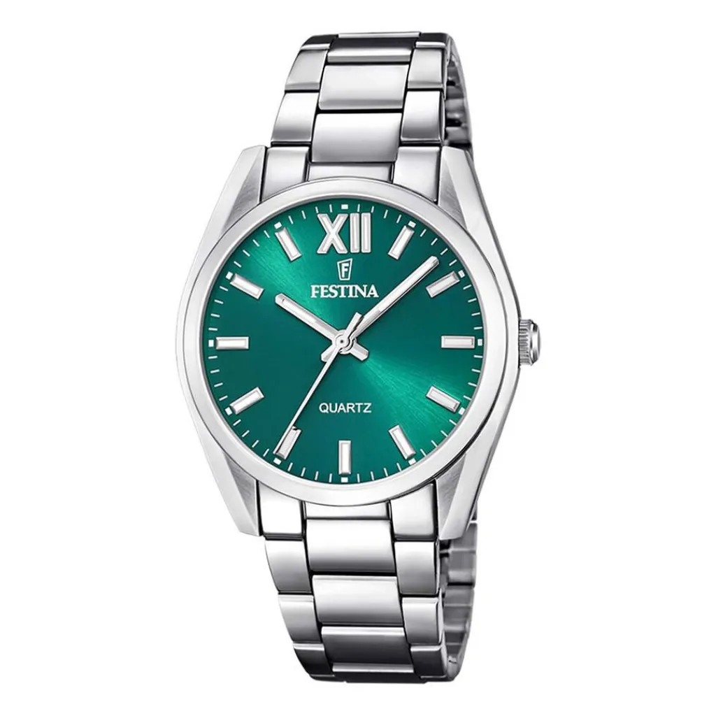 FESTINA Montre Boyfriend Vert cadran argenté fond vert bracelet acier argenté Outlet