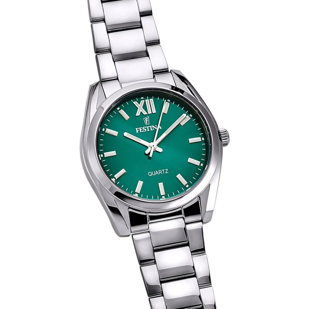 FESTINA Montre Boyfriend Vert cadran argenté fond vert bracelet acier argenté Outlet