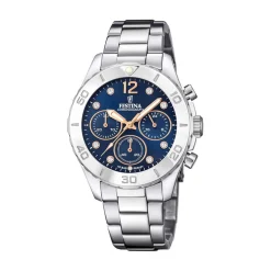 FESTINA Montre Boyfriend Bleu cadran argenté fond bleu bracelet acier argenté Outlet