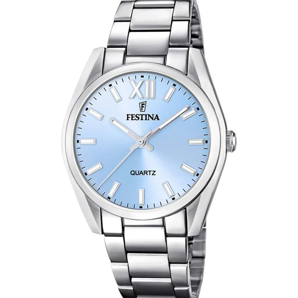 FESTINA Montre Boyfriend Bleu cadran argenté fond bleu bracelet acier argenté Outlet