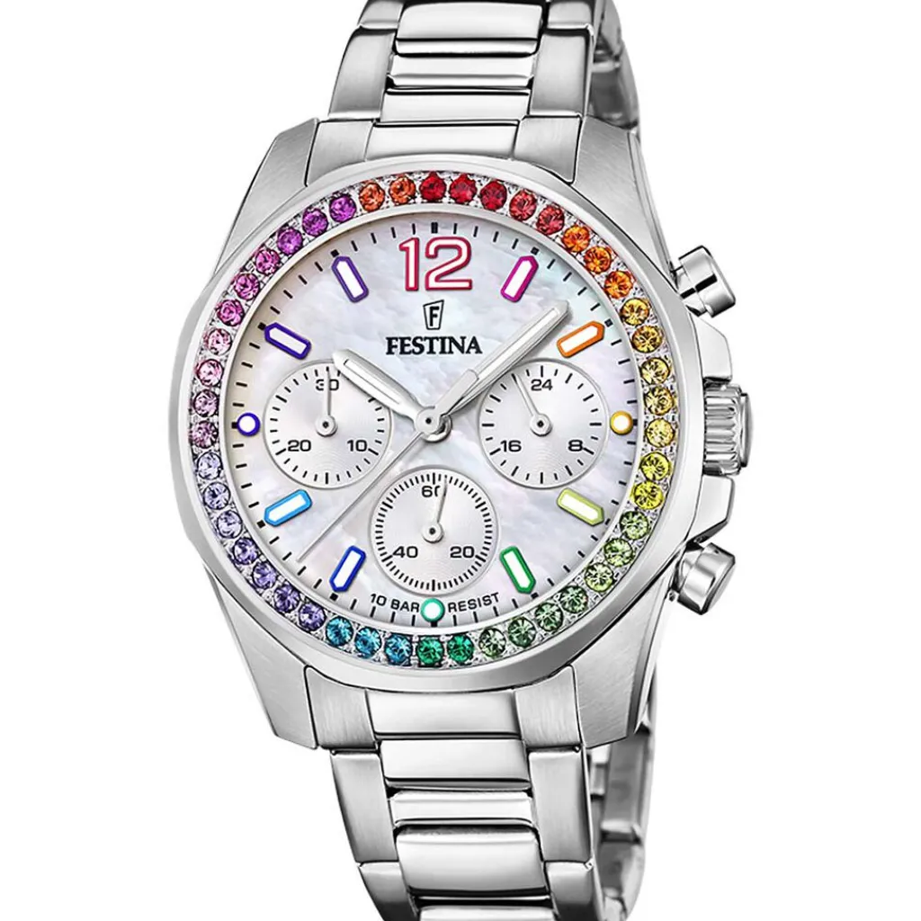 FESTINA Montre Boyfriend Blanc cadran argenté fond blanc bracelet acier argenté Outlet