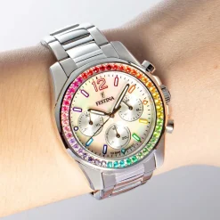 FESTINA Montre Boyfriend Blanc cadran argenté fond blanc bracelet acier argenté Outlet