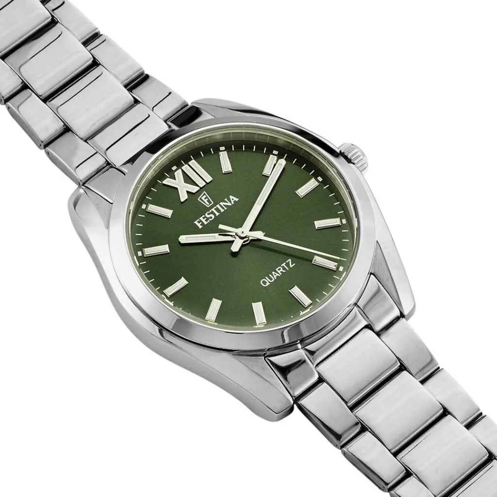 FESTINA Montre Boyfriend Kaki cadran argenté fond kaki bracelet acier argenté New