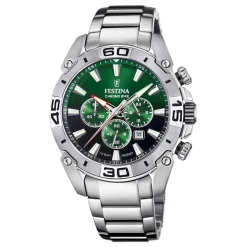 FESTINA Montre Chrono Bike Vert cadran argenté fond vert bracelet acier argenté New