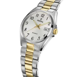 FESTINA Montre Classics Blanc cadran argenté fond blanc bracelet acier bicolore Outlet