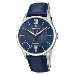 FESTINA Montre Classics Bleu cadran argenté fond bleu bracelet cuir bleu Clearance