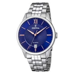 FESTINA Montre Classics Bleu cadran argenté fond bleu bracelet acier argenté New