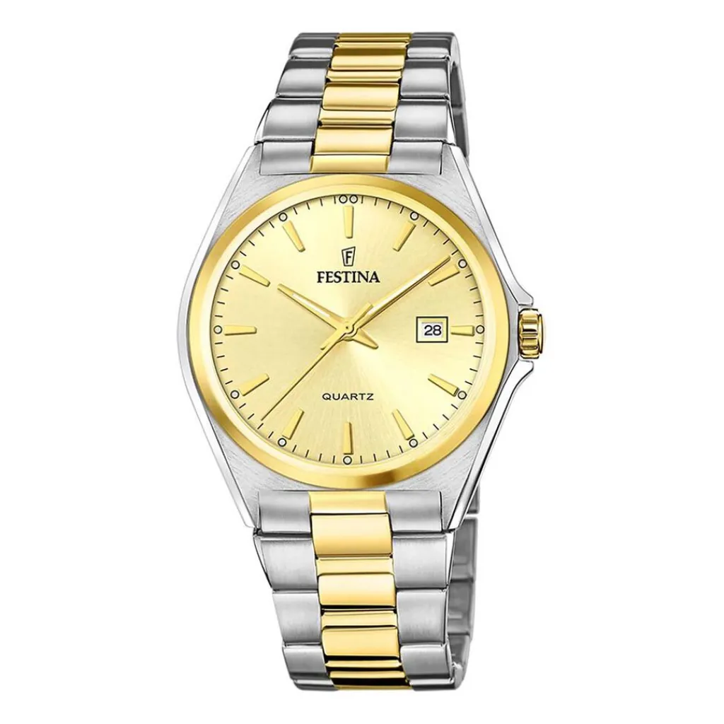 FESTINA Montre Classics Doré cadran argenté fond doré bracelet acier bicolore New