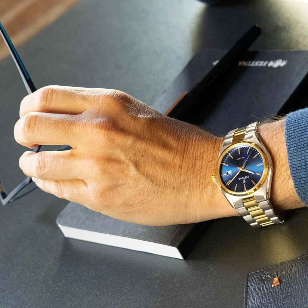 FESTINA Montre Classics Doré cadran argenté fond doré bracelet acier bicolore New