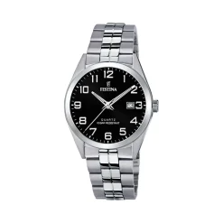 FESTINA Montre Classics Noir cadran argenté fond noir bracelet acier argenté New