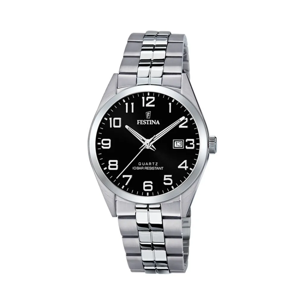 FESTINA Montre Classics Noir cadran argenté fond noir bracelet acier argenté New