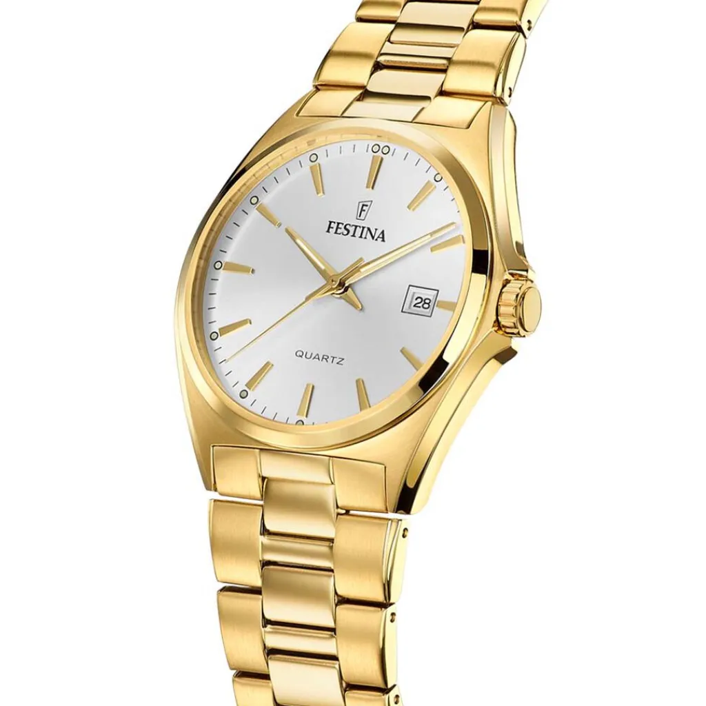 FESTINA Montre Classique Blanc cadran doré fond blanc bracelet acier doré New