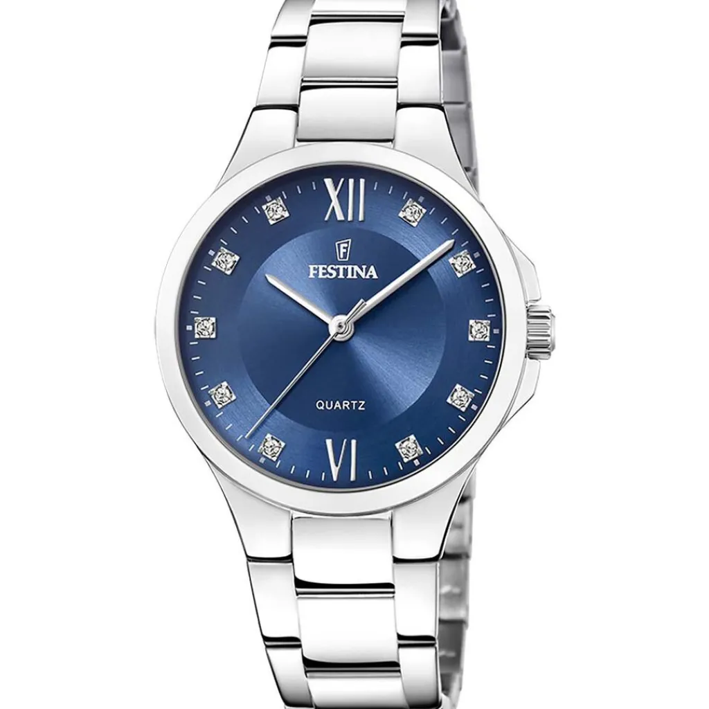 FESTINA Montre Mademoiselle Bleu cadran argenté fond bleu bracelet acier argenté Best