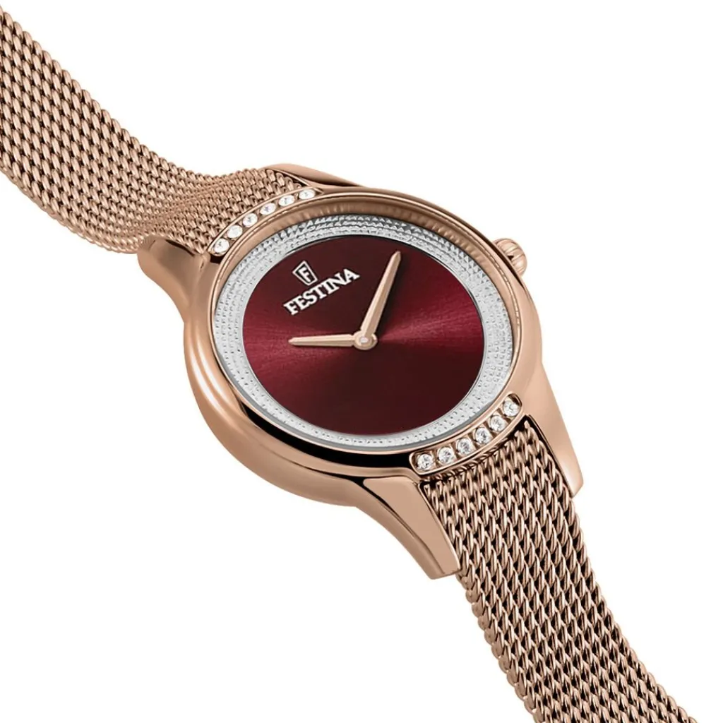 FESTINA Montre Mademoiselle Rouge cadran doré rose fond rouge bracelet acier doré rose Hot