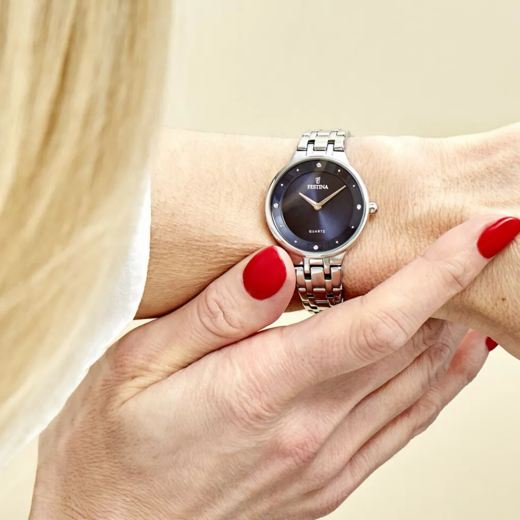 FESTINA Montre Mademoiselle Bleu cadran argenté fond bleu bracelet acier argenté