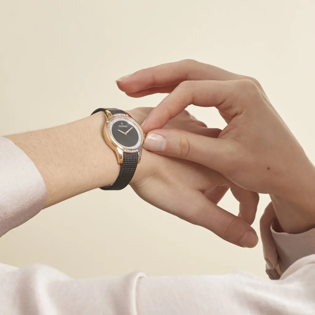 FESTINA Montre Mademoiselle Noir cadran doré rose fond noir bracelet acier noir Discount