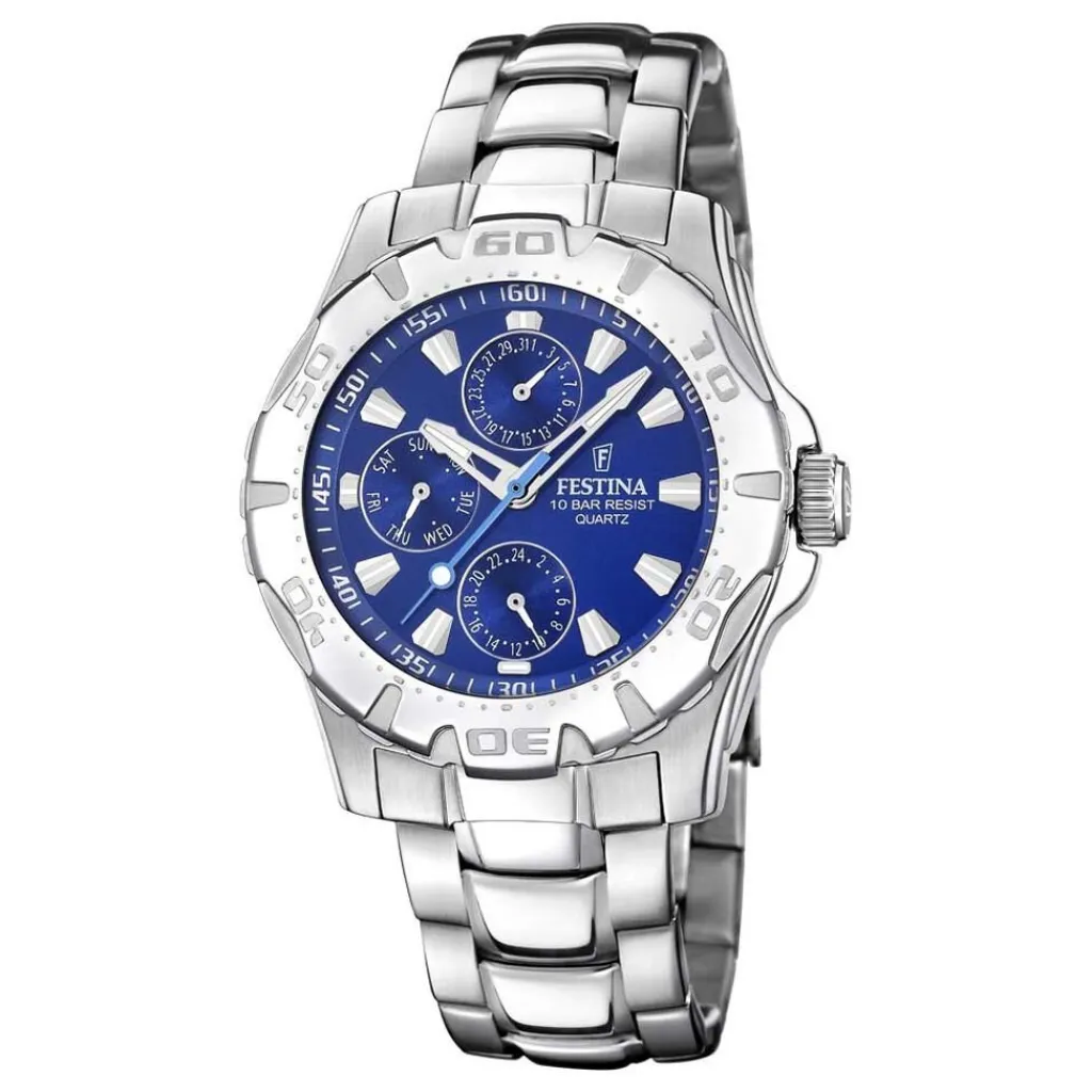 FESTINA Montre Multifonctions Bleu cadran argenté fond bleu bracelet acier argenté Discount