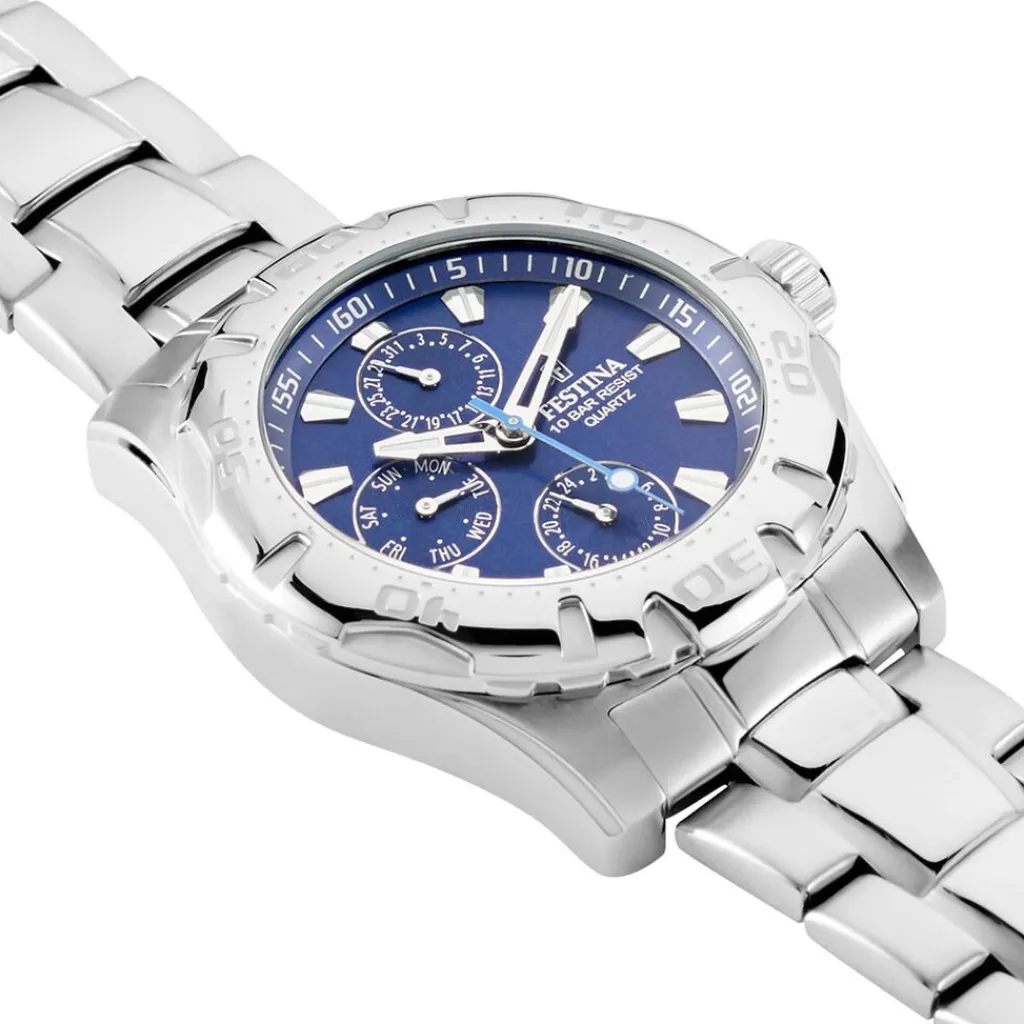FESTINA Montre Multifonctions Bleu cadran argenté fond bleu bracelet acier argenté Discount