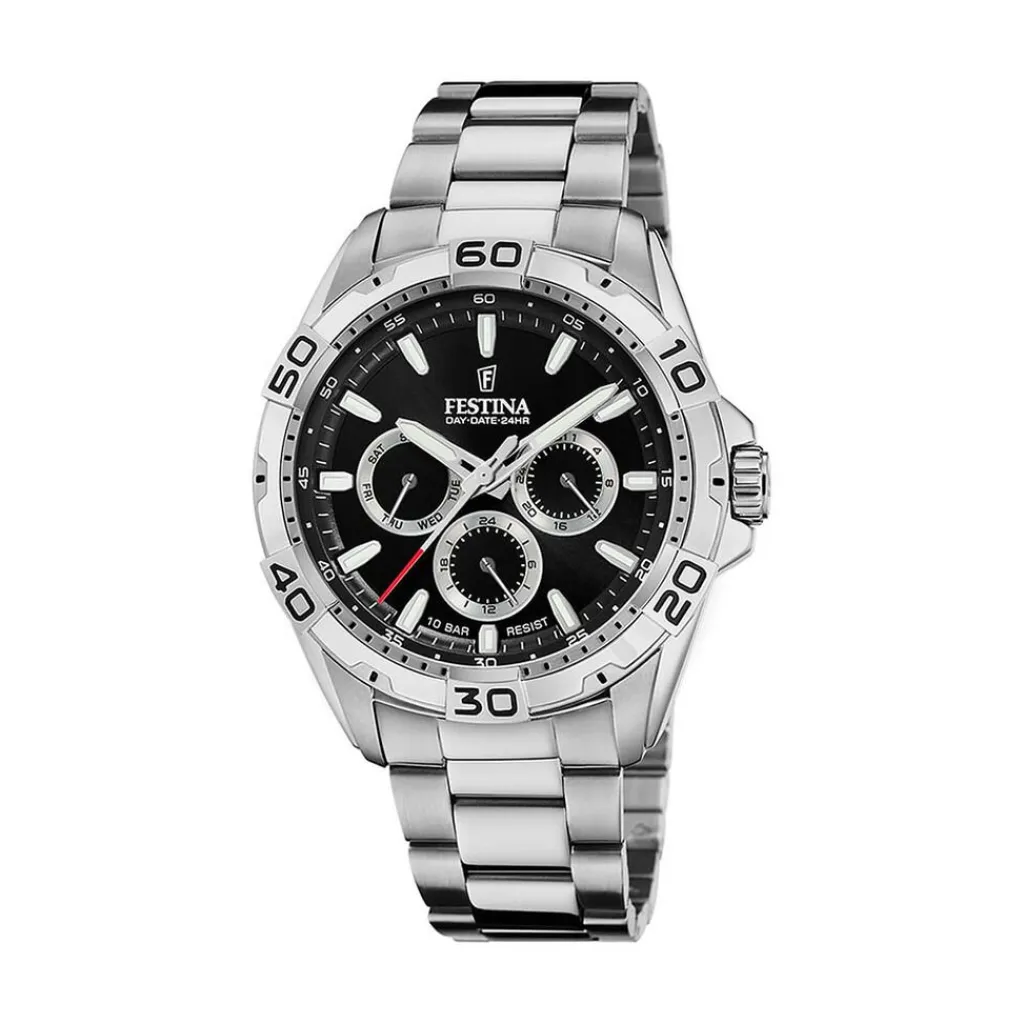 FESTINA Montre Multifonctions Noir cadran argenté fond noir bracelet acier argenté Online