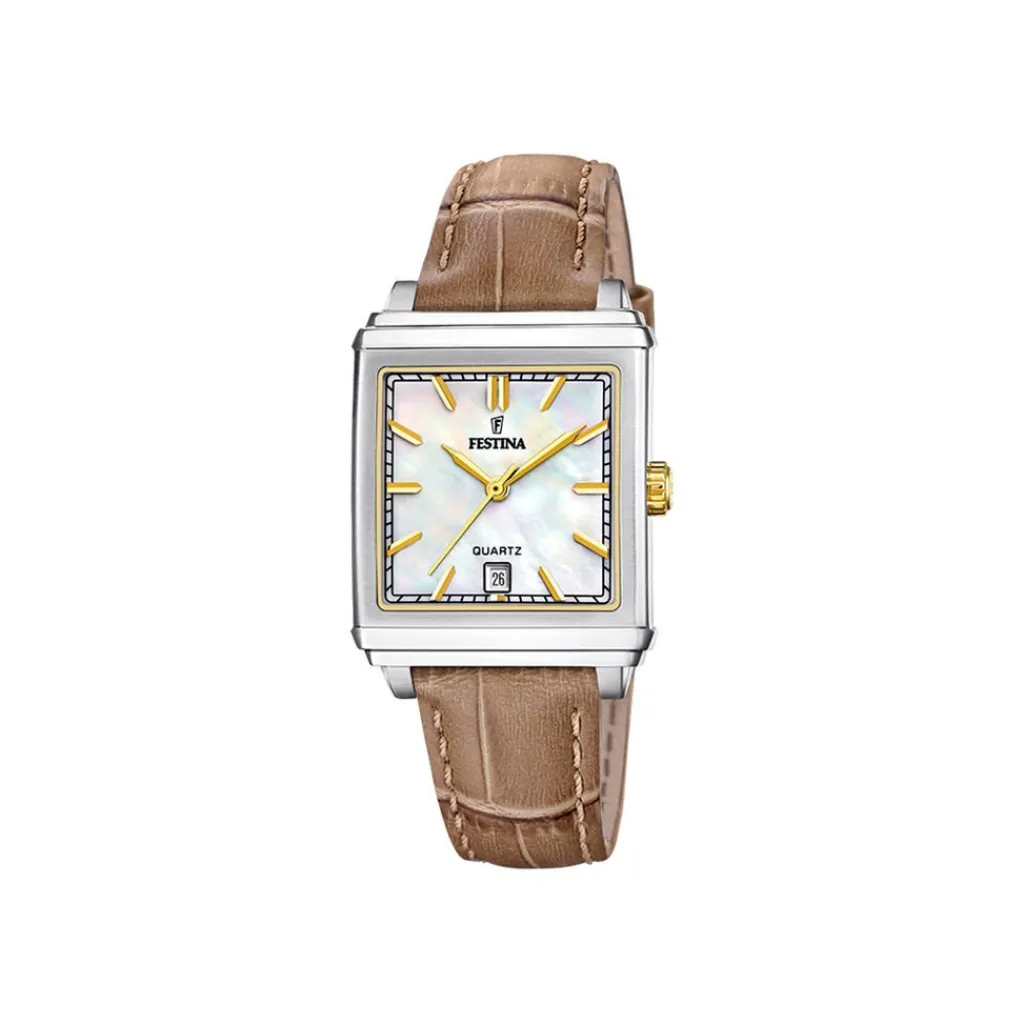 FESTINA Montre On The Square Nacre Blanche cadran argenté fond nacre blanche bracelet cuir de vache camel Hot