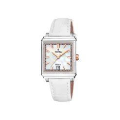 FESTINA Montre On The Square Nacre Blanche cadran argenté fond nacre blanche bracelet cuir de vache blanc Sale