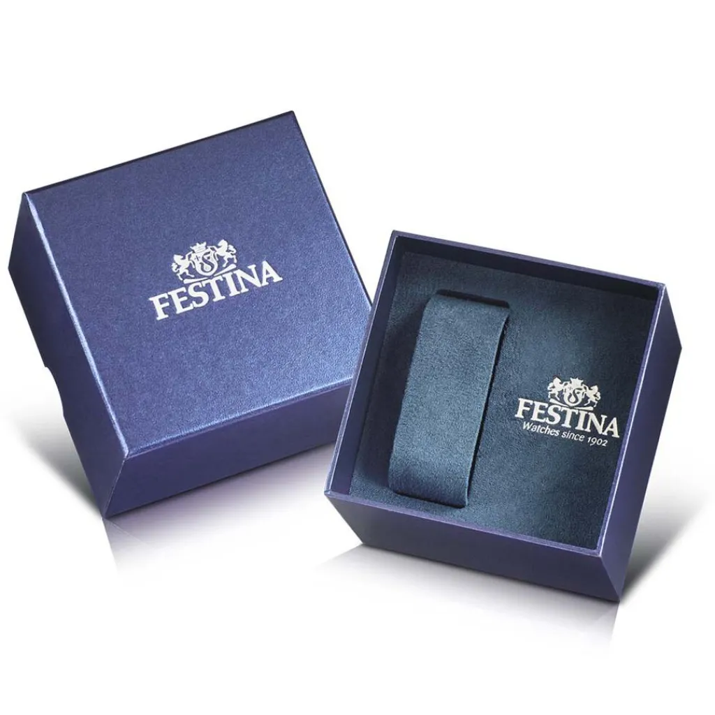 FESTINA Montre On The Square Chrono Bleu cadran argenté fond bleu bracelet acier argenté Best