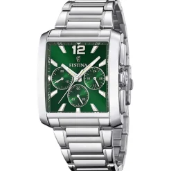 FESTINA Montre On The Square Chrono Vert cadran argenté fond vert bracelet acier argenté New